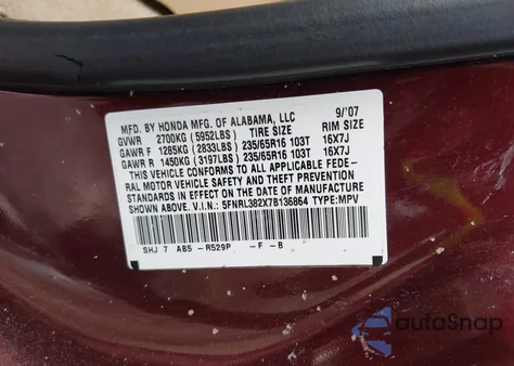 2007 Honda Odyssey Lx from USA, damaged, VIN 5FNRL382X7B136864